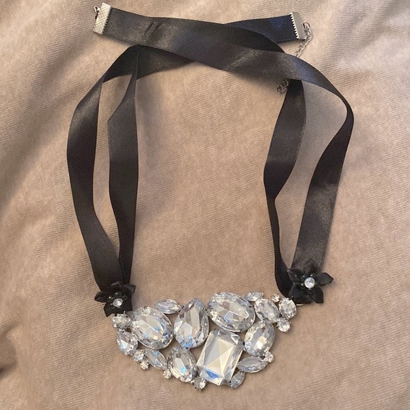 ✅Handcrafted large rhinestone statement necklace  w/black ribbon fastener 🖤 - Picture 1 of 2
